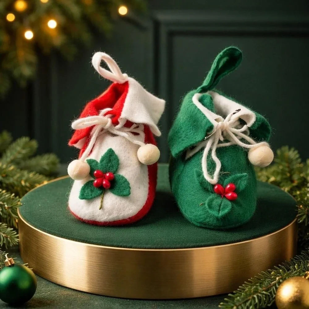 Vintage Felt Christmas‎ Ornaments Shoes Green And Red Retro Holiday Decor